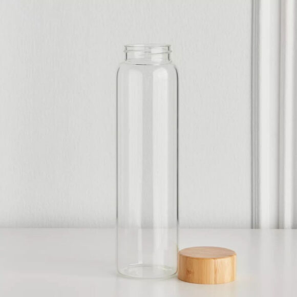 cylindrical glass bottle wooden lid califora