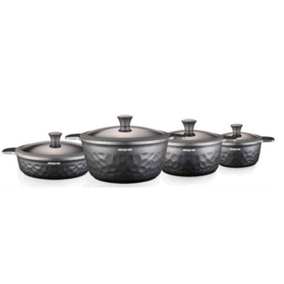 arshia premium die casted aluminium 8pcs cookware set silicon glass lid silver