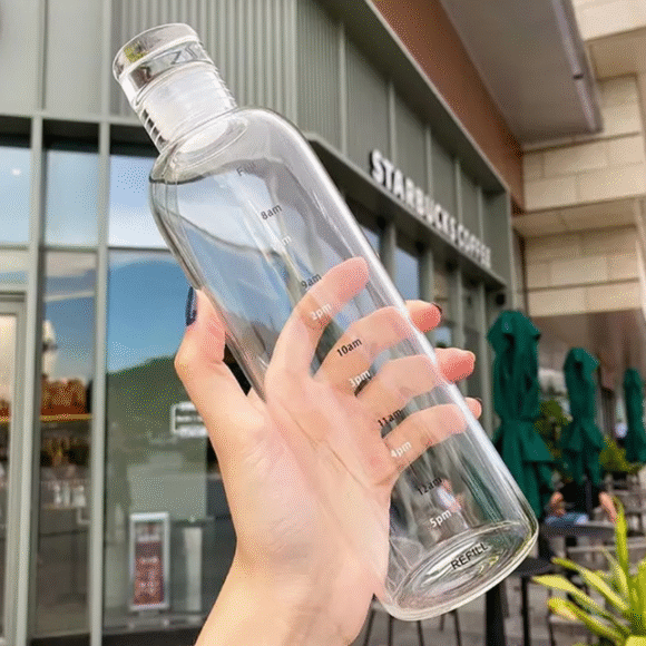 glass water bottle transparent with time scale califora