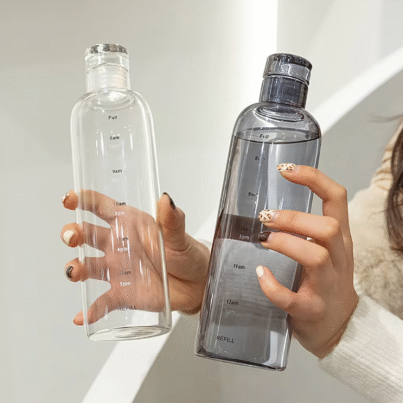 glass water bottle transparent with time scale califora