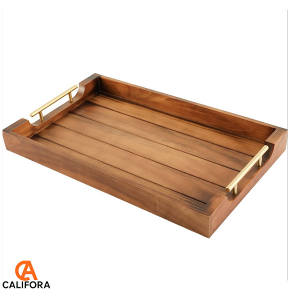 Wooden Bamboo Serving Tray With Golden Handles