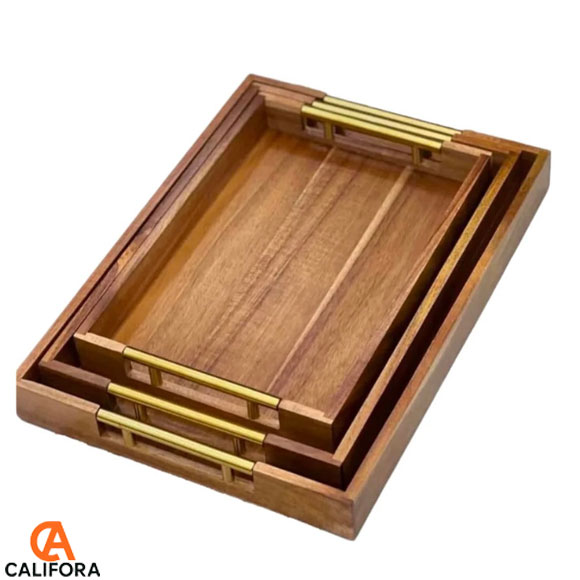 Wooden Bamboo Serving Tray With Golden Handles