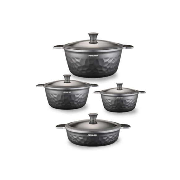 arshia premium die casted aluminium 8pcs cookware set silicon glass lid silver