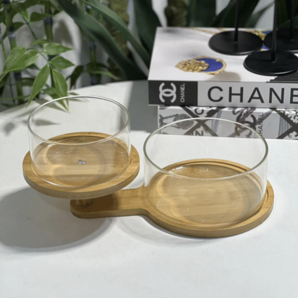 fruit & salad glass bowl bamboo base califora